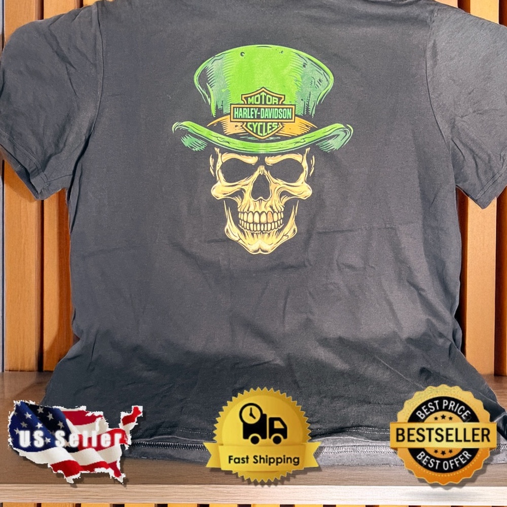 Harley Davidson Motorcycle Shield Skull Green Hat Don't Press Your Luck T-Shirt